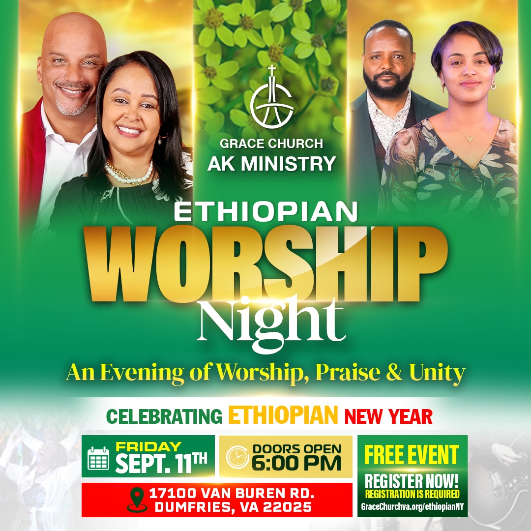 Ethiopian Worship Night poster for Friday September 11 at Grace Church in Dumfries, Virginia. Free event, registration required.